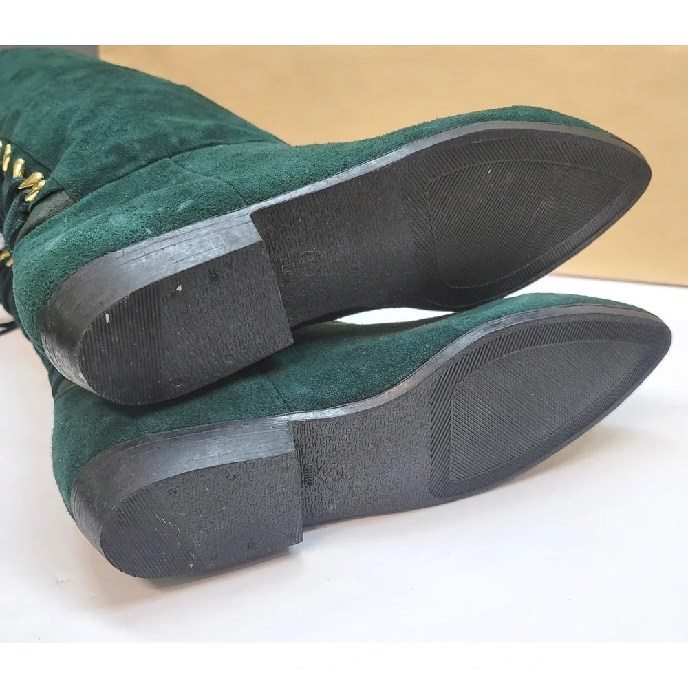 Clicks Womens Size 9B Dark Green Suede Tall Lace Up Back Boots Pointed Toe Flat